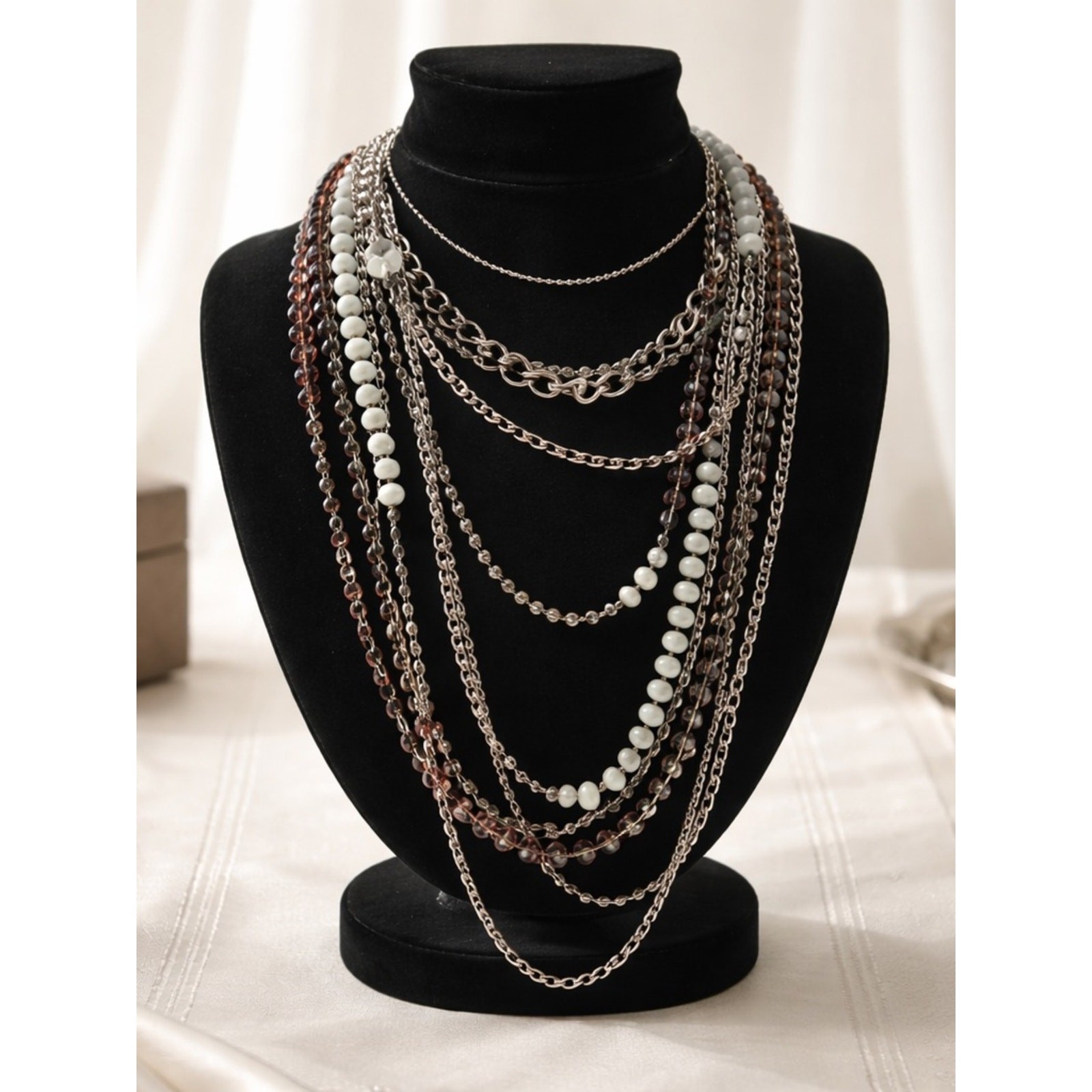 Vivi Silver Layered Necklace White Faceted Beads Boho Statement Jewelry Sparkle